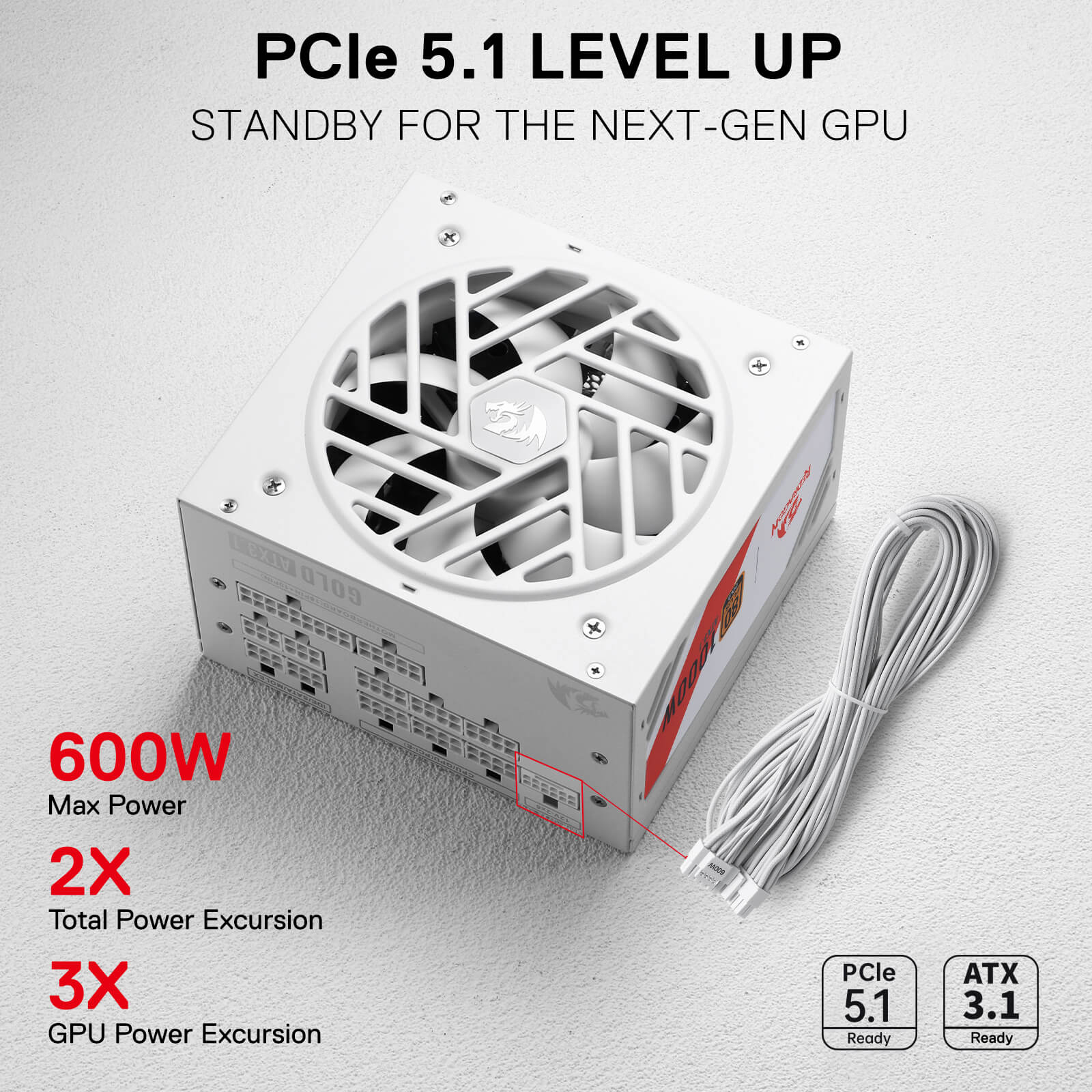Redragon RGPS PRO 80+ Gold 1000 Watt Power Supply w/Upgraded ATX 3.1 & PCIe 5.1 Fully Modular, Compact 150mm Size, Smart ECO Low Noise Fan, 100% Japanese Capacitors, Full Mod Cables