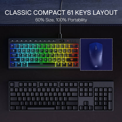 Redragon K522 60% RGB Membrane Gaming Keyboard, Compact 61 Keys Linear Mechanical-Feel Switch Keyboard w/ 4 Extra On-Board Macro Keys & Media Control Keys
